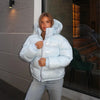 Casual Women's Glossy Hooded Cotton Coats Puffy Stand Collar Zipper Long Sleeve Warm Jackets Winter Lady Down Jacket