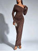 Women's Long Sleeve Asymmetric Neck Long Dress One Shoulder Ruched Bodycon Club Party Maxi Dresses Brown Autumn