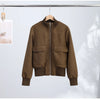 Vintage Cropped Women's Bomber Jacket Coat Faux Suede Stand Collar Short Outerwear High Street Female Casual Work Outfit