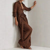Vintage Solid High Waist Belted 2 Piece Sets Long Sleeve Button Lapel Shirt And Wide Leg Pants Woman Outfit Spring Vacation Suit