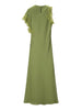 Olive Green Satin Maxi Dress Women Elegant Shawl Design Lace Trim Asymmetrical Hem Ruched Bodycon Formal Dinner Gown