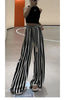 Korean Casual Striped Wide Leg Pants Women High Waist Elegant Straight Trousers Vintage Lace Up Female Spring Loose Pants