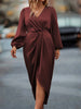 Women's Satin Evening Party Maxi Dress Draped Silk V-Neck Long Sleeve Office Lady Midi Dresses Vestidos Sexy Chic Robes Longue