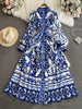 Spring Autumn Retro Palace Long Sleeved Standing Neck Waist Slim Appearance Single woman Breasted A-line Celadon Print Dress