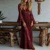 Deep V Neck Embroidery Lace Woman Dress Spring Hollow Out High Waist Crochet Dresses Autumn Flare Sleeve Jacquard Long Dress