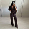 Brown V-Neck Knit Shirt Pants Set Women Solid Long Sleeve Top Empire Straight Loose Trousers Lady Spring Suit