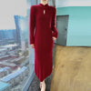 Women' 100%Pure Mink Cashmere Dress Stand-Up Collar Buckle Slim Knit Long Skirt High Waist Over The Knee Bottoming Dress