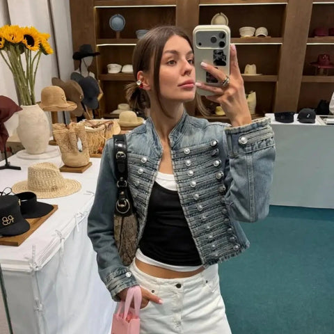 Autumn Long Sleeve Denim Jacket with Button Vintage Cropped Jean Jacket Short Casual Streetwear Outwear Women