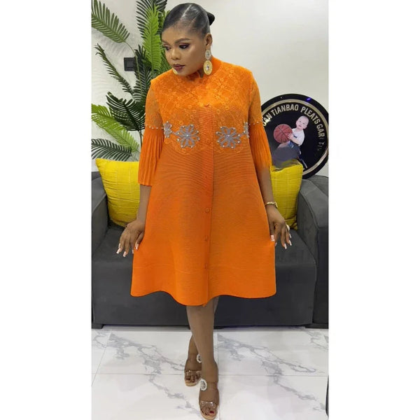 Autumn and Winter Africa Women's Clothing Solid Color Splicing Dress Pleated Loose Women's Cardigan Dresses