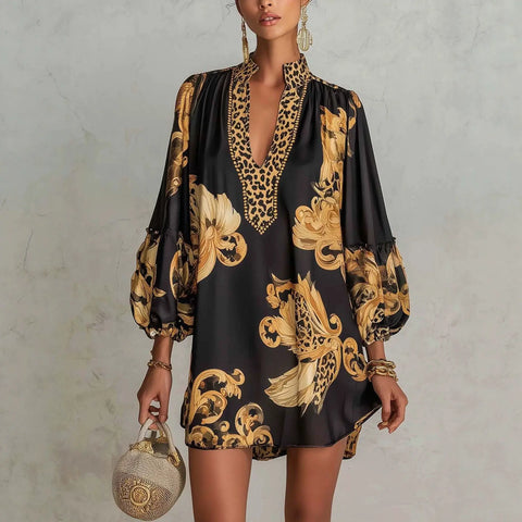 Black Gold Baroque Leopard Satin Mini Dress Women V Neck Lantern Sleeve Loose Elegant Party Stand Collar Short Dress for Spring