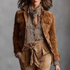 Retro Solid Suede Women's Jackets Outerwears Turn-down Collar Button Workwear Top Long Sleeve Slim Autumn Coat Cardigans
