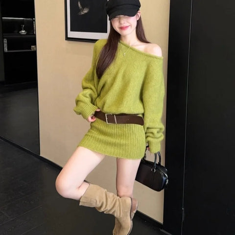 Knitted Mini Dresses Skew Collar Solid Elegant Vintage Vestidos Mujer Autumn Winter Korean Woman Dress