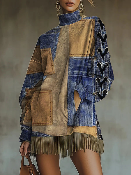 Contrast Print Tassel Mini Dress for Women Long Sleeves High Neck Pockets Fringe Hem Dress Spring Elegant Sweatshirt Dresses