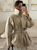 Stand Collar Short Trench Coat Women Solid Double-breasted Belt Jacket Autumn Lady Commuting Casual Outwear