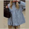 Drawstring Waist Button Women Cargo Jacket Long Sleeve Pockets Spring Casual Female Coat Street Commute Lady Outwear Tops