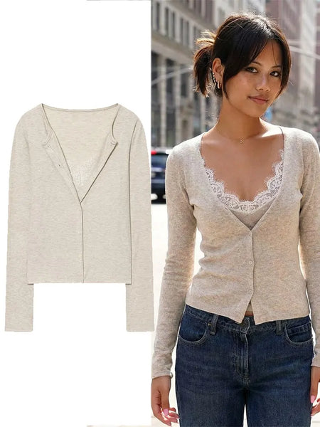 Women Lace V Neck Cropped Cardigan Coat Long Sleeve Button Knit Sweater Spring Casual Streetwear Lady Slim Knitwear