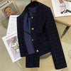 Korean Navy-blue Tweed Short Jacket Women's Woolen Coat Spring Autumn O-neck Slim Casual Blazer Tops Streetwear Lady Outerwear