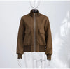 Vintage Cropped Women's Bomber Jacket Coat Faux Suede Stand Collar Short Outerwear High Street Female Casual Work Outfit