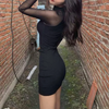Mesh Patchwork Half High Neck Women Dresses Black See Through Long Sleeve Skinny Clubwear Female Mini Dress Bodycon