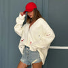 Fall Winter Sweater Women Loose Cardigan Dachshund Embroidery Cute Sausage Long Sleeve Jacket Coat Casual 58917