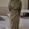 Elegant Women Tie-up Waisted Satin Dress Casual Female O-Neck Draped Long Dress Vintage Solid Color Bat Sleeve Robe Party Dress