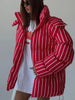 Women Striped Hooded Cotton Jacket Long Sleeve Stand Zipper Buttons Thickening Padded Jackets Winter Casual Coat