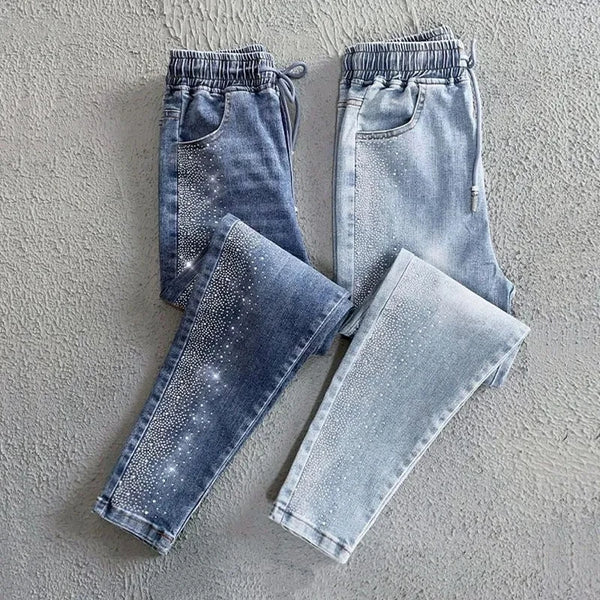 Korean Spring Autumn drilling Elastic Jeans Women's Loose High-waisted Haren Denim Pants Female Casual Wild Jeans