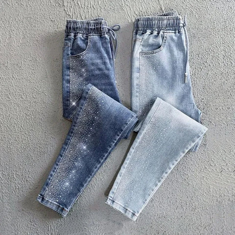 Korean Spring Autumn drilling Elastic Jeans Women's Loose High-waisted Haren Denim Pants Female Casual Wild Jeans