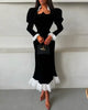 Full Sleeve Lace Patchwork Velvet Maxi Dress Women Elegant Stand Collar Puffed Slim Long Sexy Gowns Lady Evening Dinner Dresses