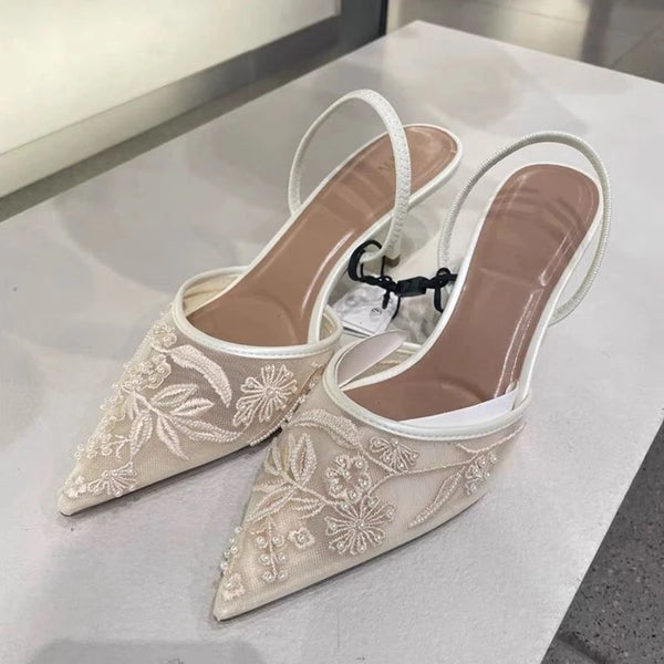 Brand Designer White Women Pumps Mesh Embroidered Flowers Back Strap Sexy Slingback High Heels Dress Wedding Shoes for Ladies
