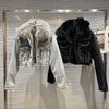 Real Fur Denim Jacket Women Autumn Fried Street Style Natural Fox Fur Collar + Rabbit Fur Liner Warm Rivet Short Jean Coat
