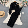 Winter Women Knitted Sets Breading Long Sleeve Pearl Sweater+Knitted Camis Dress Sets Sweater Suits