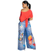Women Fake Denim 3D floral Print Loose Wide Leg Jogger Pants Streetwear Active Hip Hop Sweatpants Trousers