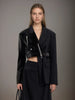 Deconstruction Irregular PU Leather Spliced Blazer Women's Lapel Loose Strap Suit Jacket Autumn