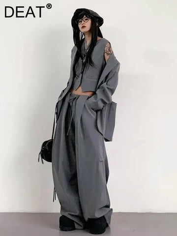 Gray 3 Piece Set Women's Lapel Blazer Short Vest High Waist Drawstring Wide Leg Pants Suit Autumn