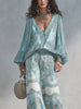 Women's Boho Paisley Print Two-Piece Set Sexy Deep V-Neck Long Sleeve Blouse Top Wide Leg Pants Casual Loose Suit for Vacation