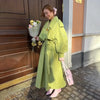 Green Lapel Trench Coats Woman Chic Solid Color Lace-up Long Sleeve Jacket Lady Autumn Winter Commuter Outerwear