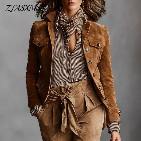 Retro Solid Suede Women's Jackets Outerwears Turn-down Collar Button Workwear Top Long Sleeve Slim Autumn Coat Cardigans