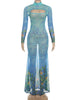 Sexy See Through Dress Women Hollow Hipster Colorful Print Stretch Skinny Midnight Party Clubwear Fishtail Bodycon