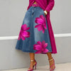 Streetwear Women's Red Floral Print Denim Midi Skirt High Waist A-Line Casual Swing Skirt Plus Size Flared Jean Skirt