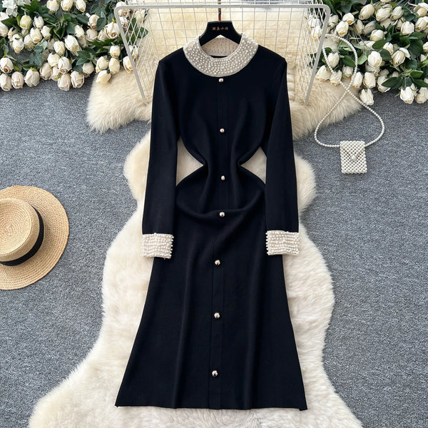 Brand Autumn Winter Women Knitted Long Dress Pearls O-neck A-line Sweater Dress Office Lady Vestido