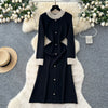 Brand Autumn Winter Women Knitted Long Dress Pearls O-neck A-line Sweater Dress Office Lady Vestido