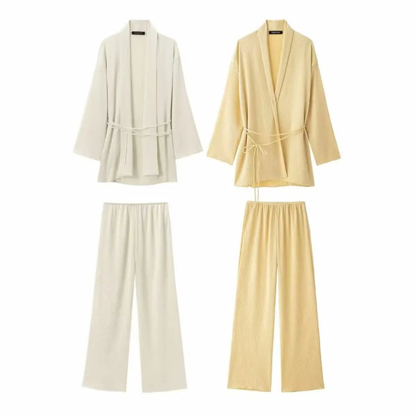 Spring and Autumn Women Solid Color Casual Shirts Loose Full Length Pants Two Pieces Sets