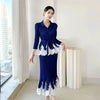Lace Spliced Design Women's Pleated Fake Two Pieces Dresses With Fishtail Hem Design Pullover Famale Clothing DB6661