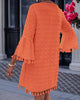 Women V Neck Tassel Hem Mini Dress With Flare Bell Sleeves And Textured Swiss Dot Design