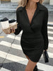 Satin Long Sleeve Short Dress Women's Vintage Waist Cinched Pleated Folds Turn Down Collar Mini Skirt Autumn Winter