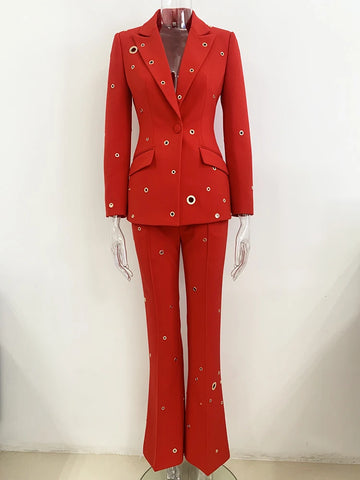 High Street FW Designer Runway Suit Set Ladies Slim Fit Single Button Rivet Gromet Blazer Jacket Pants Suit