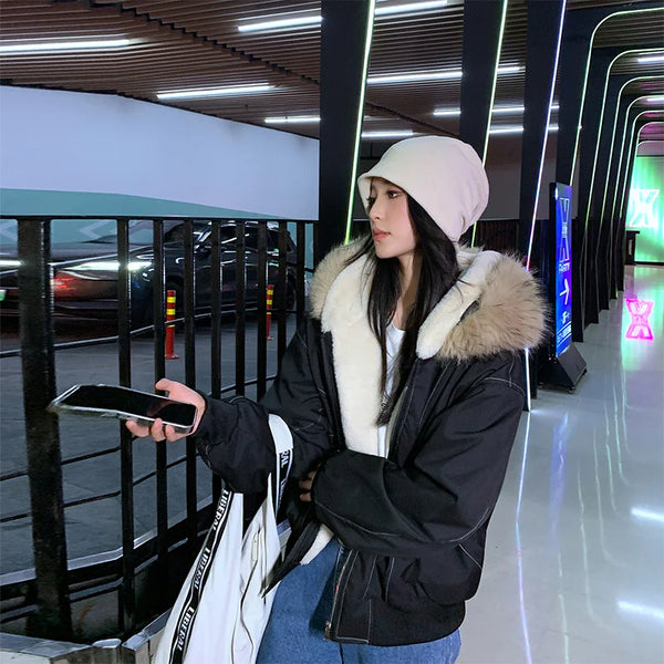 American Hip Hop Faux Fur Collar Winter Jacket Women Y2K Down Cotton Hooded Jacket Loose Vintage Motorcycle Cotton-Padded Coat