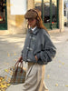 Grey Lapel Woolen Blend Short Coat Women Solid Single Breasted Long Sleeves Pockets Loose Jacket Lady Autumn Street Outerwear
