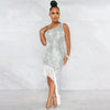 Women Tassel Side Sequins One Shoulder Skew Neck Bodycon Midi Maix Irregular High Low Long Dress Sexy Night Party